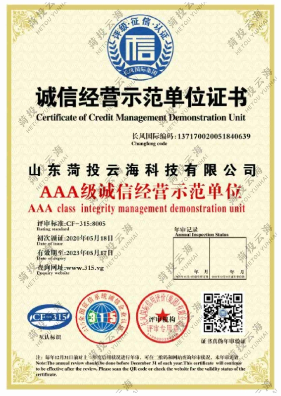 诚信经营示范单位证书